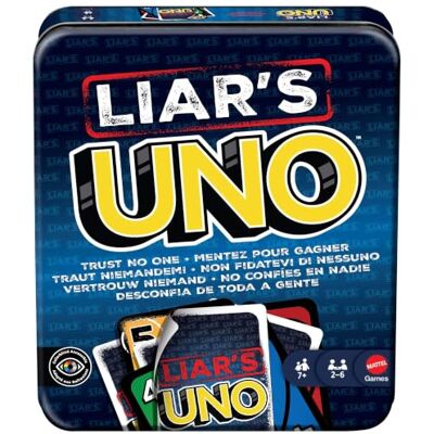 Mattel UNO del mentiroso Juego de cartas en lata para almacenamiento y transporte, para niños, adultos, noches en familia y fiestas, supera a los demás jugadores con mentiras y trucos, Mattel UNO del mentiroso Juego de cartas en lata para almacenamiento y transporte, para niños, adultos, noches en familia y fiestas, supera a los demás jugadores con mentiras y trucos,