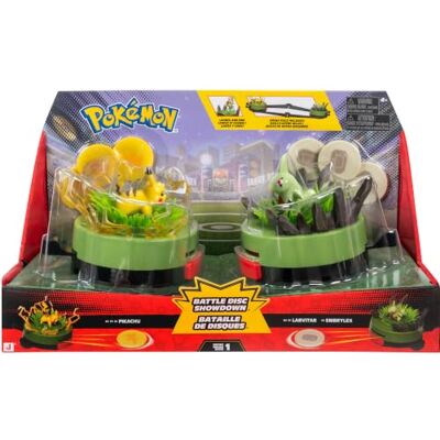 Pokémon Juego Battle Disc Showdown: Pikachu y Larvitar Dos lanzadores de discos de batalla con discos de batalla, figuras de Pikachu y Larvitar y arena. Pokémon Juego Battle Disc Showdown: Pikachu y Larvitar Dos lanzadores de discos de batalla con discos de batalla, figuras de Pikachu y Larvitar y arena.