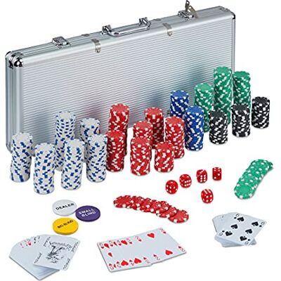 Relaxdays Maletín Póker, 500 Fichas Póquer sin Valor, 2 Barajas Cartas, 5 Dados, Pin Crupier, Cerradura, Aluminio, Plata Relaxdays Maletín Póker, 500 Fichas Póquer sin Valor, 2 Barajas Cartas, 5 Dados, Pin Crupier, Cerradura, Aluminio, Plata