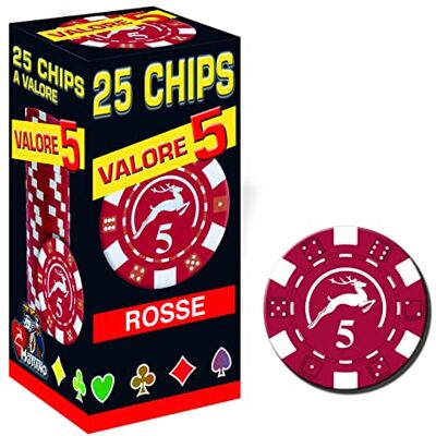 Modiano Paquete de 25 fichas de 14 g, Color Rojo, Valor 5, Texas Hold'em Poker Modiano Paquete de 25 fichas de 14 g, Color Rojo, Valor 5, Texas Hold'em Poker