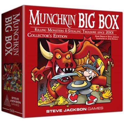 Jackson Munchkin Big Box Collector’s Edition Fantasy Card Game Over 650 Cards, Game Boards, Meeples, Dice & Storage Tray Illustrated by John Kovalic Ages 10+ 3–6 Players Jackson Munchkin Big Box Collector’s Edition Fantasy Card Game Over 650 Cards, Game Boards, Meeples, Dice & Storage Tray Illustrated by John Kovalic Ages 10+ 3–6 Players
