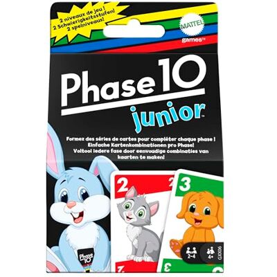 Mattel Phase 10 Junior juego de cartas para 2-4 jugadores, 4+ años Empareja colores, números y animales estilo rummy, 2 niveles, 56 cartas, accesible para daltónicos, Mattel Phase 10 Junior juego de cartas para 2-4 jugadores, 4+ años Empareja colores, números y animales estilo rummy, 2 niveles, 56 cartas, accesible para daltónicos,