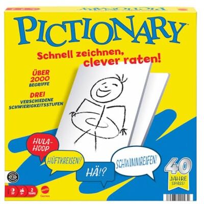 Mattel Pictionary Juego de Mesa Familiar para niños, Adultos y Noches de Juego para 2 Equipos con lápices borrables, pizarras de Pintura y Reloj de Arena Mattel Pictionary Juego de Mesa Familiar para niños, Adultos y Noches de Juego para 2 Equipos con lápices borrables, pizarras de Pintura y Reloj de Arena