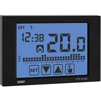 VEMER CHRONOS Termostato Digital Programable de Pantalla Táctil Electrónica para Calefacción y Aire Acondicionado con Adecuado Montaje en Pared, Alimentación Batería, Negro VEMER CHRONOS Termostato Digital Programable de Pantalla Táctil Electrónica para Calefacción y Aire Acondicionado con Adecuado Montaje en Pared, Alimentación Batería, Negro