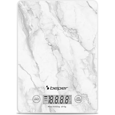 BEPER Báscula de cocina digital, placa de vidrio templado, función de tara, pantalla táctil LCD, precisión de 1 g a 5 kg, para colgar, batería incluida, mármol blanco BEPER Báscula de cocina digital, placa de vidrio templado, función de tara, pantalla táctil LCD, precisión de 1 g a 5 kg, para colgar, batería incluida, mármol blanco