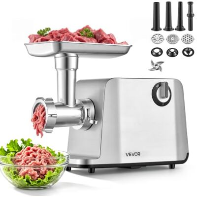 VEVOR Picadora de Carne Eléctrica 1,5-3 kg/min, Potencia Máxima de 1800 W De Aluminio Fundido, Potencia Nominal de 700 W, con 3 Placas de Molienda, 3 Tubos para Embutir Salchichas y Kit para Kubbe VEVOR Picadora de Carne Eléctrica 1,5-3 kg/min, Potencia Máxima de 1800 W De Aluminio Fundido, Potencia Nominal de 700 W, con 3 Placas de Molienda, 3 Tubos para Embutir Salchichas y Kit para Kubbe