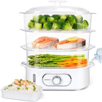 Aigostar Vaporera Eléctrica Cocinar al Vapor 12L 900W Steamer Blanca Vaporera con 3 recipientes apilables, cuenco para arroz y soporte para huevos. Temporizador 60 minutos. Sin BPA. Aigostar Vaporera Eléctrica Cocinar al Vapor 12L 900W Steamer Blanca Vaporera con 3 recipientes apilables, cuenco para arroz y soporte para huevos. Temporizador 60 minutos. Sin BPA.