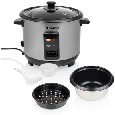 Tristar Olla Arrocera, 1 L, Bandeja de Vapor, Cubeta Interior Antiadherente Hasta 5 raciones, 400 W, Carcasa en acero inoxidable, Función mantener caliente, Vaso medidor, Tristar Olla Arrocera, 1 L, Bandeja de Vapor, Cubeta Interior Antiadherente Hasta 5 raciones, 400 W, Carcasa en acero inoxidable, Función mantener caliente, Vaso medidor,