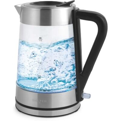 Salter Hervidor de vidrio que cambia de color 1,7 L, iluminación LED de azul a rojo, tapa de presión de agua de fácil llenado, filtro antical, sin BPA, sensor de ebullición en seco, SSFVDE Salter Hervidor de vidrio que cambia de color 1,7 L, iluminación LED de azul a rojo, tapa de presión de agua de fácil llenado, filtro antical, sin BPA, sensor de ebullición en seco, SSFVDE