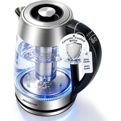 Aigostar Hervidor de Agua vidrio, Temperatura Ajustable, Fondo de Cerámica Antical, 60-100 °C, LED de colores, infusor de té inox y mantenimiento del calor, 1,7L, 2200W, Libre de BPA Aigostar Hervidor de Agua vidrio, Temperatura Ajustable, Fondo de Cerámica Antical, 60-100 °C, LED de colores, infusor de té inox y mantenimiento del calor, 1,7L, 2200W, Libre de BPA
