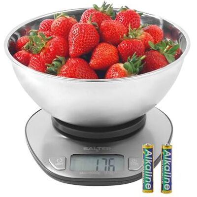 Salter Báscula de cocina digital con bol, 5 kg, bol 2 L Bol de acero inoxidable, apto para lavavajillas, tara Add & Weigh, para líquidos y sólidos, pantalla LCD retroiluminada Salter Báscula de cocina digital con bol, 5 kg, bol 2 L Bol de acero inoxidable, apto para lavavajillas, tara Add & Weigh, para líquidos y sólidos, pantalla LCD retroiluminada