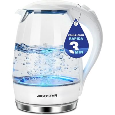Aigostar Hervidor Agua Electrico de Acero Inox & Vidrio con Iluminación LED Blanco, 1,7 Litros, 2200W, Libre de BPA, Rápido Electric Kettle, Vidrio de Borosilicato, Filtro Anti-Cal, Apagado Automático Aigostar Hervidor Agua Electrico de Acero Inox & Vidrio con Iluminación LED Blanco, 1,7 Litros, 2200W, Libre de BPA, Rápido Electric Kettle, Vidrio de Borosilicato, Filtro Anti-Cal, Apagado Automático