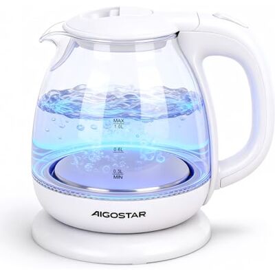 Aigostar Elvin Hervidor de agua eléctrico, vidrio de borosilicato, 2200W, iluminación LED, capacidad 1L, Rápida ebullición, Protección contra la ebullición en seco, Libre de BPA, Blanco Aigostar Elvin Hervidor de agua eléctrico, vidrio de borosilicato, 2200W, iluminación LED, capacidad 1L, Rápida ebullición, Protección contra la ebullición en seco, Libre de BPA, Blanco