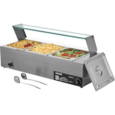 VEVOR Calentador de Alimentos Eléctrico de Acero Inoxidable de 1500 W con Vapor y Cubierta de Vidrio, 3 Bandejas para Buffet de Encimera, Baño María con Cucharones, para Catering, Restaurantes VEVOR Calentador de Alimentos Eléctrico de Acero Inoxidable de 1500 W con Vapor y Cubierta de Vidrio, 3 Bandejas para Buffet de Encimera, Baño María con Cucharones, para Catering, Restaurantes