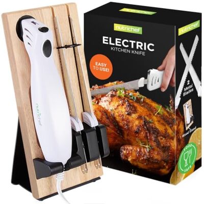 NutriChef Cuchillo eléctrico (2 hojas, acero inoxidable, soporte de Cortes precisos, bloqueo de seguridad, mango ergonómico, aves de corral, asado, jamón, queso, pan, 2 cuchillas, uso casero NutriChef Cuchillo eléctrico (2 hojas, acero inoxidable, soporte de Cortes precisos, bloqueo de seguridad, mango ergonómico, aves de corral, asado, jamón, queso, pan, 2 cuchillas, uso casero