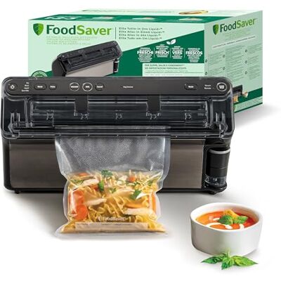 FoodSaver Envasadora al vacío Elite All-in-One Liquid+ Alimentos hasta 5 veces más frescos* Sellado de líquidos Con 1 rollo (28 cm x 2,43 m) y 4 bolsas para envasar al vacío (0,94 L y 3,78 L) FoodSaver Envasadora al vacío Elite All-in-One Liquid+ Alimentos hasta 5 veces más frescos* Sellado de líquidos Con 1 rollo (28 cm x 2,43 m) y 4 bolsas para envasar al vacío (0,94 L y 3,78 L)