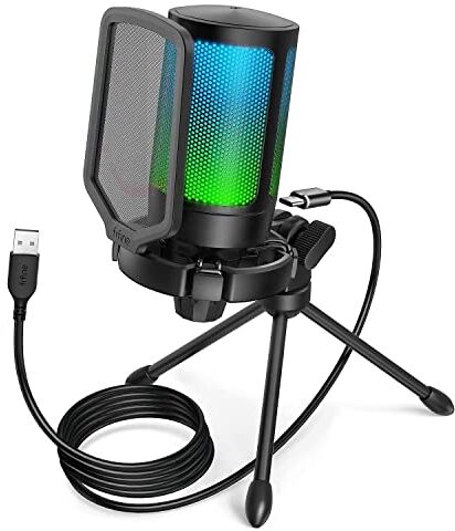 FIFINE Gaming Microfono para PC PS4 PS5, USB Condensador Micrófono de Cardioide para Ordenador Podcast Streaming Studio, con RGB, Botón de Silencio, Trípode, Filtro Anti-Pop, Soporte de Choque