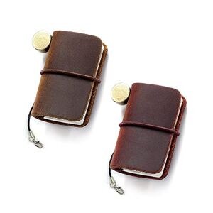 2 Colors Mini Size Travelers Notebook with Leather Cover and Strap, Refillable Handmade 4.8x3.2cm(1.9’’x1.3’’) Tiny Travel Journal, Pocket Diary (brown and red)