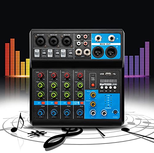 TIXBYGO Mezclador de audio profesional para DJ con 5 canales USB Bluetooth Audio Mixer Live Studio Amplificador DJ Mezclador para karaoke en casa, presentaciones en campus, conferencias, actuaciones en el