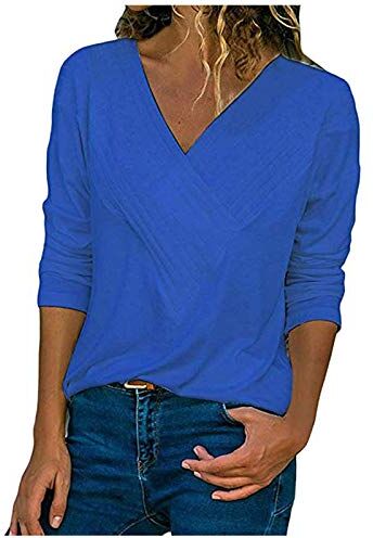 LianMengMVP Blusa Top de Manga Larga con Cuello en V Suelto y Botón de Color Sólido de Ocio al Aire Libre para Mujer Camisetas Mangas Largas Casual