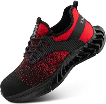 Hitmars Zapatos de Seguridad para Hombre Mujer con Punta de Acero Ligeros Zapatillas de Trabajo Calzado de Seguridad Deportivas Zapatillas de Seguridad Transpirables A Rojo EU38