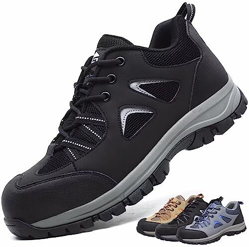 CYKYGGO Zapatos de Seguridad Hombre Mujer Calzado de Trabajo Ligeros Antideslizante Zapatillas de Seguridad con Punta de Acero Negro 44