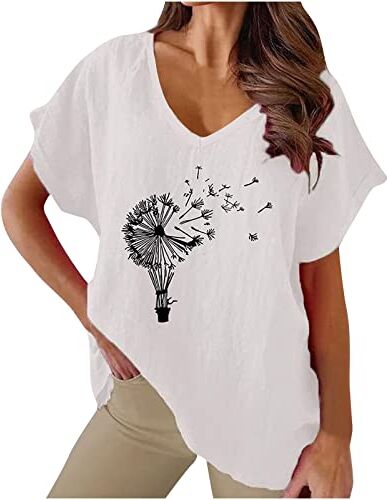 NUSGEAR 2023 Camiseta Manga Corta Mujer, Verano Algodón y Lino Moda Impresión Blusa Camisa Cuello en V Basica Camiseta Elegant Suelto Tops Casual Fiesta Cómodo T-Shirt Original tee Playa