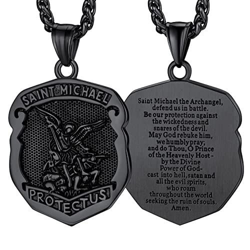 FaithHeart Regalo Amuleto de Protección San Miguel Arcángel Colgante Irregular Negro Acero Inoxidable 316L Hombre Mujer Joyería Sagrada Relieve Medalla Espiritual de Amigos