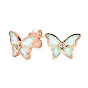 Bling Jewelry Tiny Garden Insect Inlay Gemstone White Created Opal Butterfly Stud Earrings For Women Teen Rose Gold Plated .925 Sterling Silver October Piedra De Nacimiento