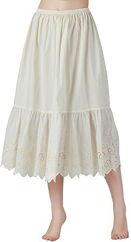 BEAUTELICATE Enaguas de Algodón con Bordado Cortas Antiestática Larga Combinación para Vestidos Antideslizante Plain Falda Marfil Nergo Beige(Encaje Inglés-Beige-80cm,L)