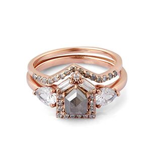 Dfine Conjunto de anillos de compromiso con diamantes de sal y pimienta de corte rosa Shield con banda de Chevron 925 y acabado en oro rosa, Metal Metal Piedra, Diamante de sal y pimienta