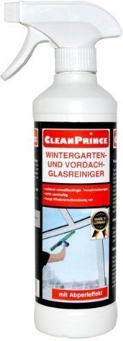 CleanPrince Limpiador de cristales para jardín de invierno y dosel, 500 ml, listo para usar, antigoteos, tiras de lluvia, escaparates, plástico, madera, metal, excrementos de pájaros, limpieza de invernadero, limpiador de cristal