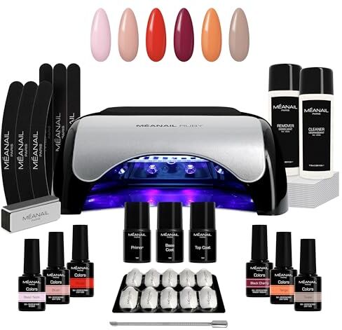 Lampara LED 48W - Set Completo Secador de Uñas Gel Manicura y Pedicura - Kit Edition Ruby con 6 esmaltes semipermanentes para uñas - Cruelty free, Meanail Paris