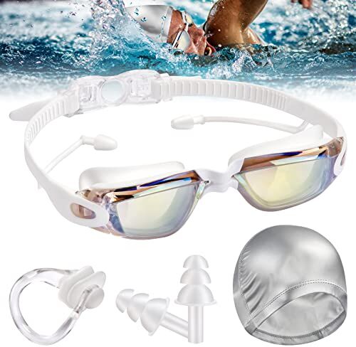 QHYK Gafas de natación, antivaho y anti protección UV sin fugas, visión cristalina, con silicona Swim Cap clip de nariz tapones para los oídos estuche de Caja protectora, Nuevo conjunto de estilos