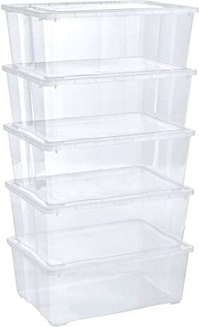 Grizzly 5 x Caja de Almacenaje con Tapa de 10 L - Cajón de Plástico Transparente Apilable - Caja Multiusos Organizador de Armarios para Ordenación de Ropa