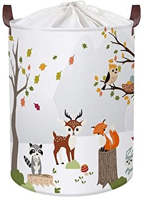 Clastyle 45L Cesta Ropa Sucia Bebe Blanca con Animales del bosque, Ciervos, Zorros, Mapache, Árboles - Cesta Pegable Colada Redonda para Ropa Sucia, Juguetes, Dormitorios de Niños, 36x45 cm