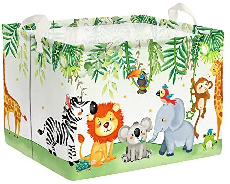 Clastyle 45L Cesta Ropa Sucia Bebe Verde con Animales, León, Koalas, Elefante, Monos, Cebra - Cestas Almacenaje Baño para Ropa Sucia, Juguetes, Dormitorios de Niños, 36L