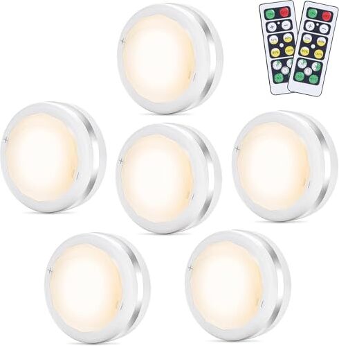 Bawoo Luz LED Inalámbrica Nocturna, 6PCS, 5 Perlas, Lámpara Blanca Cálida Adhesiva a Batería con 2 Control Remoto, para Vitrina, Armario, Pasillo, Armario, Cocina