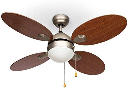 Klarstein Valderama – ventilador de techo, 2 en 1: ventilador de techo con lámpara, 42" (107 cm) de diámetro, 4 aspas, caudal de 7.480 m³/h, 2 sentidos de giro, 3 velocidades, silencioso, marrón claro