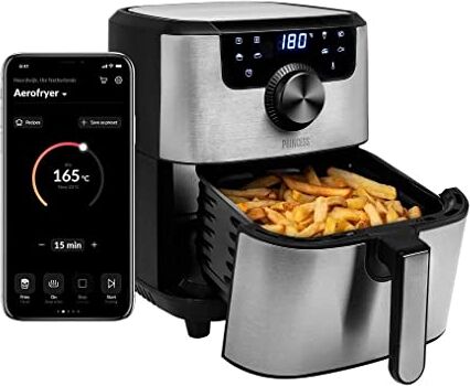 Princess 182037 Freidora sin aceite inteligente, Control con el móvil con app, Panel de control Digital táctil, 8 programas, función para mantener el calor, 4.5 L, 30 Recetas PDF, Gris Y Negro