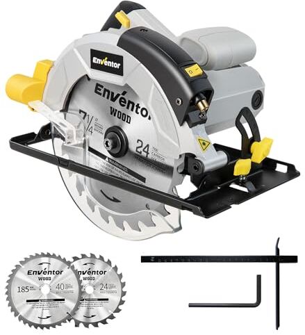 ENVENTOR Sierra Circular 1200W, Sierra Circular de Mano 5800RPM, 2 Hojas de Sierra de 24T+40T(Ø185mm), Corte 62mm(90°)/42mm(45°), Guía Láser, para Cortar Madera, Metal Blando, Plástico