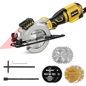 Mini Sierra Circular Electrica 705W, ENVENTOR Mini Sierra Circular de Mano 3500RPM, Guía Láser, 6 Hojas de Ø115mm, Corte: 42.8mm/90º, 28mm/45º, para Cortar Azulejo, Madera, Metal Blando