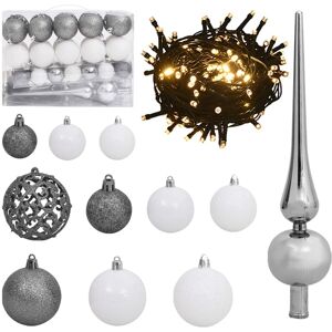 vidaXL Set de bolas de Navidad 61 pzas con pico 150 LED blanco y gris