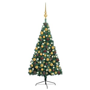 vidaXL Medio árbol de Navidad con luces y bolas verde 150 cm