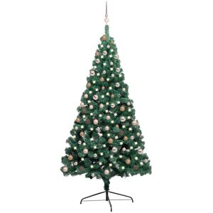 vidaXL Medio árbol de Navidad con luces y bolas verde 210 cm