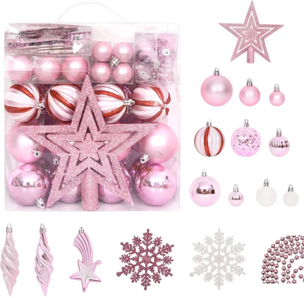 vidaXL Juego de adornos de Navidad de 65 piezas rosa/rojo/blanco