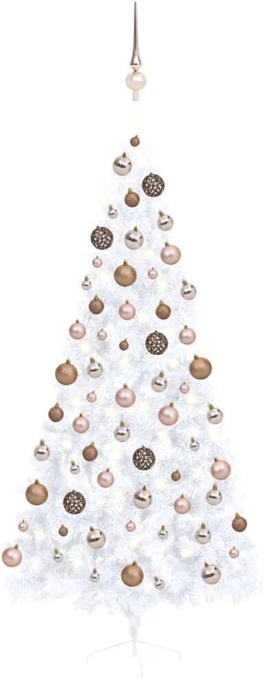 vidaXL Medio árbol de Navidad con luces y bolas blanco 120 cm