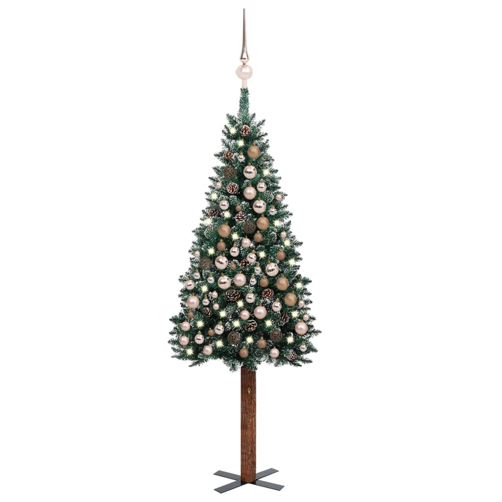 vidaXL Árbol de Navidad delgado con luces y bolas verde 210 cm