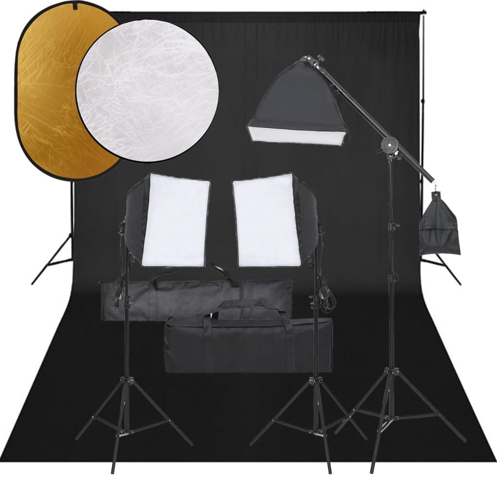 vidaXL Kit de estudio fotográfico con set de luces, fondo y reflector