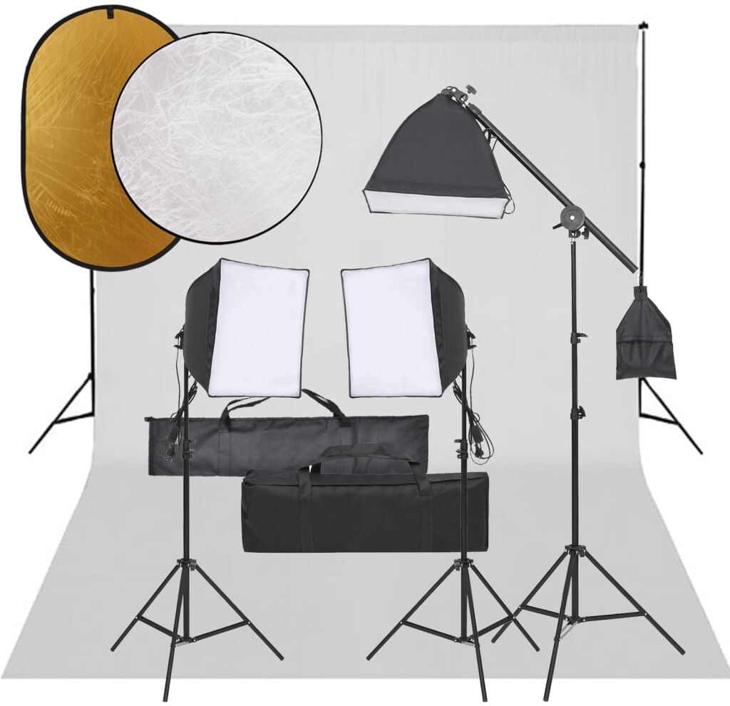 vidaXL Kit de estudio fotográfico con set de luces, fondo y reflector